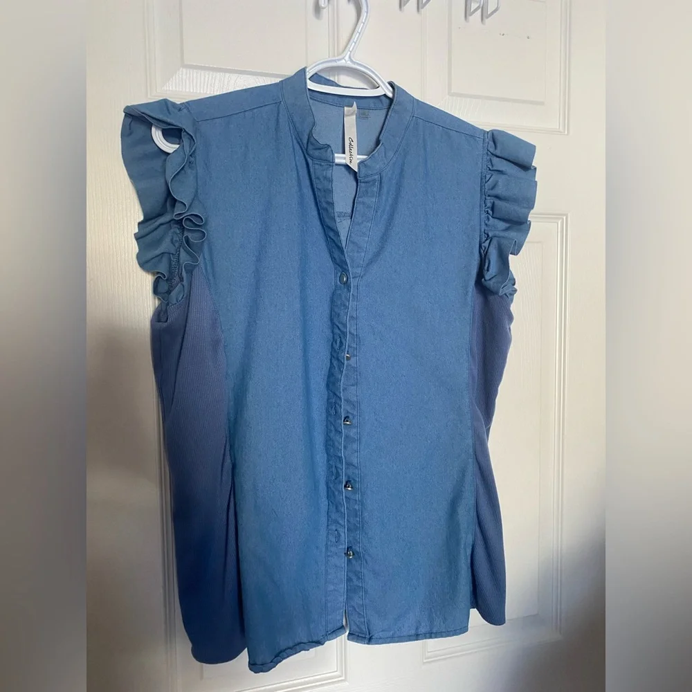 Collection B Denim-Blue Ruffle Cap Sleeve Button Front Top - Picture 1 of 5